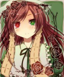 Rule 34 | 00s, 1girl, :|, bad id, bad pixiv id, bow, brown flower, brown hair, brown rose, closed mouth, dress, face, flower, frills, green eyes, hairband, heart, heterochromia, highres, kuromugi, long hair, red eyes, rose, rozen maiden, solo, suiseiseki, symbol-shaped pupils