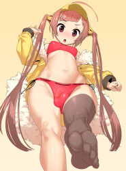 Rule 34 | 1futa, ahoge, azur lane, bare shoulders, bikini, black thighhighs, blunt bangs, blush, breasts, brown hair, bulge, chestnut mouth, clenched hand, commentary request, feet, fingernails, flaccid, foot focus, from below, fur-trimmed jacket, fur trim, furrowed brow, futanari, gluteal fold, groin, hair ornament, hand up, highres, jacket, long hair, long sleeves, looking at viewer, looking down, navel, no shoes, nose blush, open mouth, orange background, penis, penis in swimsuit, ping hai (azur lane), ping hai (summer vacation) (azur lane), red bikini, red eyes, shiny clothes, side-tie bikini bottom, simple background, single thighhigh, small breasts, soles, solo, standing, standing on one leg, swimsuit, testicles, thighhighs, toes, tomoyuki kotani, twintails, v-shaped eyebrows, very long hair, visor cap, yellow jacket