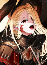 Rule 34 | 1girl, absurdres, armor, black armor, black horns, blonde hair, collar, core (rofyx69), facial tattoo, fangs, fate/grand order, fate (series), hair over one eye, highres, horns, long hair, looking at viewer, nero claudius (fate), nero claudius (fate) (all), open mouth, pointy ears, queen draco (fate), queen draco (third ascension) (fate), red eyes, solo, tattoo, tongue