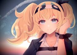 Rule 34 | 1girl, blonde hair, blue eyes, blue jacket, contrail, gambier bay (kancolle), gambier bay mk ii (kancolle), hairband, highres, jacket, kantai collection, long hair, multicolored hairband, nagi kantai114, one-hour drawing challenge, shirt, smile, solo, twintails, upper body, white shirt