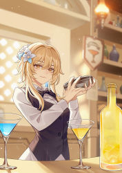Rule 34 | 1girl, bartender, blonde hair, bottle, cocktail, cocktail glass, cocktail shaker, collared shirt, cup, drink, drinking glass, employee uniform, flower, genshin impact, hair flower, hair ornament, highres, indoors, light particles, long hair, long sleeves, looking at viewer, lumine (genshin impact), necktie, pouring, shirt, sleepy1292673668, smile, uniform, vest, yellow eyes