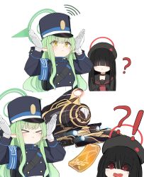 Rule 34 | &gt; &lt;, 2girls, absurdres, beret, black choker, black hair, black hat, black jacket, black sailor collar, black serafuku, blue archive, blush, buttons, choker, closed mouth, double-breasted, gloves, green hair, green halo, halo, hat, hikari (blue archive), highres, jacket, justice task force member (blue archive), long hair, long sleeves, multiple girls, neckerchief, open mouth, peaked cap, pointy ears, red eyes, red halo, red neckerchief, sailor collar, school uniform, serafuku, simple background, unli free, white background, white gloves, yellow eyes