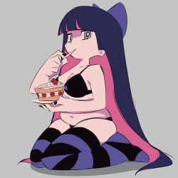 Rule 34 | 1girl, absurdres, belly, black bra, black panties, blue bow, blue hair, blunt bangs, bow, bra, breasts, cake, commentary, dessert, eating, english commentary, food, full body, grey background, grey eyes, hair bow, highres, holding, holding plate, kneeling, large breasts, long hair, looking at viewer, multicolored hair, nail polish, navel, panties, panty &amp; stocking with garterbelt, pink hair, plate, plump, shadow, simple background, solo, stocking (psg), strawberry shortcake, stretch marks, striped clothes, striped thighhighs, thighhighs, tomatomagica, two-tone hair, underwear, very long hair