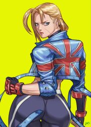 Rule 34 | 1girl, ass, blonde hair, blue eyes, cammy white, crop top, cropped jacket, fingerless gloves, from behind, gloves, highres, jams, lips, looking back, pants, scar, scar on face, short hair, street fighter, street fighter 6, union jack