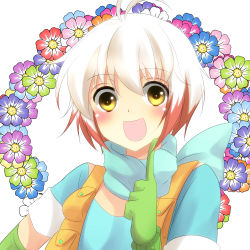 Rule 34 | 1girl, ahoge, antenna hair, blue shirt, blush, bob cut, collarbone, flower, gloves, looking at viewer, multicolored hair, open mouth, pascal (tales), pascal (tales), puffy sleeves, red hair, sakuno ririsu, scarf, shirt, short hair, smile, tales of (series), tales of graces, two-tone hair, white background, white hair, yellow eyes