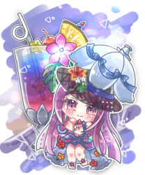 Rule 34 | 1girl, black hat, blush, chibi, closed mouth, cocktail glass, cup, drink, drinking glass, drinking straw, female focus, fire emblem, fire emblem engage, fire emblem heroes, flower, hat, hat flower, highres, ivy (fire emblem), ivy (summer) (fire emblem), kinako tadano, long hair, matching hair/eyes, nintendo, parasol, purple eyes, purple hair, solo, swimsuit, tropical drink, umbrella