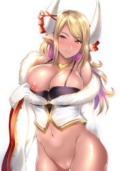 Rule 34 | 1girl, ameno shigure, bad id, bad pixiv id, black bra, blonde hair, blush, bottomless, bra, bra pull, breasts, clothes pull, collarbone, commentary, dark-skinned female, dark skin, draph, fur trim, gloves, gradient hair, granblue fantasy, highres, horns, jewelry, kumbhira (granblue fantasy), large breasts, long hair, looking at viewer, multicolored hair, navel, necklace, nipple slip, nipples, nose blush, pointy ears, pulling own clothes, purple hair, pussy, simple background, smile, solo, uncensored, underwear, white background, white gloves, wide sleeves
