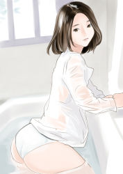 Rule 34 | 1girl, absurdres, ass, bathtub, black hair, brown eyes, closed mouth, commentary request, cowboy shot, day, dytm, frown, highres, indoors, long sleeves, looking at viewer, original, pale skin, panties, partially submerged, see-through, shirt, short hair, solo, sunlight, swimsuit, underwear, wet, wet clothes, wet shirt, white panties, white shirt