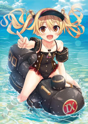 Rule 34 | 1girl, :d, absurdres, arm support, barefoot, black one-piece swimsuit, blonde hair, blue sky, blush, brown eyes, cloud, collarbone, cura, day, flat chest, frilled swimsuit, frills, full body, hair between eyes, hair ornament, hat, highres, horizon, inflatable toy, long hair, looking at viewer, maitetsu, ocean, official art, olivi (maitetsu), one-piece swimsuit, open mouth, outdoors, outstretched arm, pointing, pointing at viewer, sky, smile, soaking feet, solo, sparkle, straddling, swimsuit, thighs, toes, twintails, visor cap