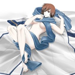 Rule 34 | 1girl, borrowed clothes, breasts, brown eyes, brown hair, coat, highres, lying, meiko (vocaloid), naked scarf, nude, on back, scarf, short hair, solo, swept bangs, tomo-graphy, underboob, vocaloid, white background