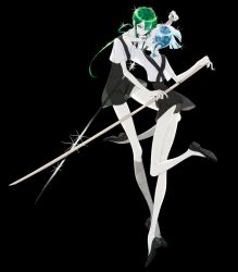 Rule 34 | 2others, androgynous, artist request, blue eyes, blue hair, euclase (houseki no kuni), gem uniform (houseki no kuni), green eyes, green hair, heterochromia, houseki no kuni, jade (houseki no kuni), long hair, looking at viewer, multicolored hair, multiple others, short hair, shorts, smile, sparkle, suspenders, sword, uniform, weapon, white eyes, white hair