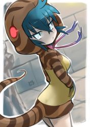 Rule 34 | 10s, 1girl, animal hood, aqua eyes, aqua hair, bow, bowtie, breasts, from side, green hair, hand in pocket, highres, hood, kemono friends, krono tokage, long sleeves, looking at viewer, looking back, small breasts, snake tail, solo, striped, tail, tsuchinoko (kemono friends)