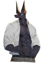 Rule 34 | 1boy, abs, animal ears, animal head, anubis (mythology), bara, black skin, colored skin, contemporary, cropped legs, dougaku (passionpit777), egyptian, egyptian mythology, furry, furry male, highres, jackal boy, jackal ears, jackal tail, large pectorals, looking to the side, male focus, male pubic hair, muscular, muscular male, navel, open clothes, open shirt, pectoral cleavage, pectorals, pubic hair, pubic hair peek, sleeves rolled up, solo, sparse navel hair, stomach, turning head