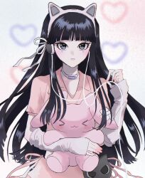 Rule 34 | 1girl, :3, animal ear headphones, animal ears, animification, black hair, blush, cable, cat ear headphones, commentary, dress, fake animal ears, haerin (newjeans), headphones, heart, highres, holding, holding stuffed toy, k-pop, long hair, looking at viewer, mifune (kir box), newjeans, pink dress, pink lips, real life, solo, stuffed animal, stuffed rabbit, stuffed toy, symbol-only commentary, very long hair