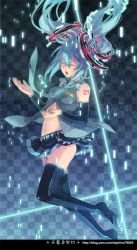 Rule 34 | aqua hair, boots, checkered background, daphine78805, detached sleeves, closed eyes, floating hair, hatsune miku, high heels, long hair, navel, necktie, panties, pantyshot, shoes, skirt, solo, thigh boots, thighhighs, twintails, underwear, vocaloid
