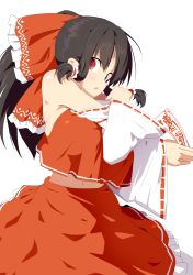 Rule 34 | 1girl, armpits, bare shoulders, black hair, bow, breasts, crop top, crop top overhang, detached sleeves, frilled bow, frills, hair bow, hair tubes, hakurei reimu, huge bow, japanese clothes, large breasts, long hair, long skirt, midriff peek, miko, navel, ofuda, ponytail, red bow, red eyes, red skirt, ribbon-trimmed sleeves, ribbon trim, shirt, sideboob, sidelocks, simple background, skirt, sleeveless, sleeveless shirt, solo, stretching, tottotonero, touhou, white background