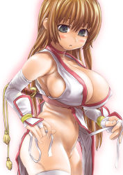Rule 34 | 1girl, asanagi, blush, breasts, cleavage, dead or alive, dressing, hip focus, huge breasts, kasumi (doa), navel, no bra, no panties, pelvic curtain, solo, tecmo, undressing