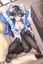 Rule 34 | 1girl, alternate costume, animal ears, azur lane, black hair, black pantyhose, blue bra, blush, bra, breasts, casual, closed mouth, commentary request, couch, cushion, denim, denim shorts, dog ears, eyebrows, feet, from above, full body, hair between eyes, hair ears, hair flaps, hair ribbon, high ponytail, highres, indoors, interlocked fingers, long hair, looking at viewer, lying, on couch, pantyhose, ponytail, ribbon, see-through, shirokuma a, shorts, smile, soles, striped, takao (azur lane), thighband pantyhose, toes, underwear, very long hair