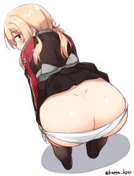 Rule 34 | 1girl, ass, bent over, black jacket, black skirt, black thighhighs, blonde hair, blush, butt crack, clothes lift, commentary request, covered mouth, cross, gloves, green eyes, hair between eyes, highres, iron cross, jacket, kantai collection, kapatarou, long hair, long sleeves, looking at viewer, looking back, low twintails, panties, panty pull, pleated skirt, prinz eugen (kancolle), revision, shadow, simple background, skirt, skirt lift, solo, standing, thighhighs, twintails, twitter username, underwear, white background, white gloves, white panties