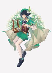 Rule 34 | 1boy, androgynous, argyle, argyle clothes, argyle legwear, beret, black hair, blue hair, bow, braid, brooch, cape, closed eyes, collared cape, collared shirt, commentary, corset, english commentary, feathers, flower, frilled sleeves, frills, full body, gem, genshin impact, gradient hair, green hat, green shorts, hair flower, hair ornament, haru (haru-n), hat, highres, holding, holding instrument, instrument, jewelry, leaf, long sleeves, lyre, male focus, multicolored hair, musical note, open mouth, pantyhose, shirt, shoes, short hair with long locks, shorts, simple background, smile, solo, twin braids, venti (genshin impact), vision (genshin impact), white background, white flower, white pantyhose, white shirt