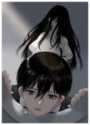 Rule 34 | 1boy, 1girl, ahoge, black eyes, black hair, black vest, collared shirt, commentary request, from below, hair over one eye, highres, long hair, mari (omori), omori, one eye covered, shirt, short hair, spoilers, sunny (omori), tio zomi, toilet, vest, vomiting, white shirt