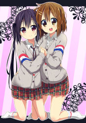 Rule 34 | 2girls, :d, bad id, bad pixiv id, black hair, blush, brown eyes, brown hair, cardigan, hair ornament, hairclip, holding hands, hand on own hip, hirasawa yui, k-on!, k-on! movie, kneeling, kurou (quadruple zero), long hair, looking at viewer, multiple girls, nakano azusa, no shoes, open mouth, outline, pink eyes, plaid, plaid skirt, pleated skirt, round teeth, short hair, skirt, smile, teeth, twintails