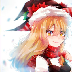 Rule 34 | 1girl, bad id, bad pixiv id, black hat, blonde hair, blush, bow, braid, breasts, flower, fur-trimmed headwear, fur trim, hair between eyes, hair ribbon, hat, hat bow, hat flower, highres, kirisame marisa, lips, long hair, looking at viewer, plaid, plaid scarf, red scarf, ribbon, scarf, shirt, side braid, simple background, small breasts, smile, snow, solo, touhou, tress ribbon, uchisaki himari, upper body, white background, wind, witch hat, yellow eyes