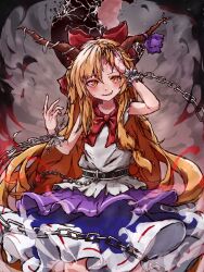 Rule 34 | 1girl, blonde hair, blood, blood on face, blue skirt, blush, bow, bowtie, broken moon, chain, closed mouth, cowboy shot, flat chest, grey background, hair between eyes, hair bow, hand in own hair, highres, horn bow, horn ornament, horns, ibuki suika, large bow, layered skirt, long hair, looking at viewer, medium bangs, moon, myui17901139, oni horns, orange eyes, purple bow, purple skirt, red bow, red bowtie, shirt, simple background, skirt, sleeveless, sleeveless shirt, smile, smoke, solo, tongue, tongue out, touhou, very long hair, white shirt, wrist cuffs
