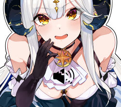 Rule 34 | 1girl, absurdres, arm strap, black choker, black gloves, breasts, chinese commentary, choker, ciyana, cleavage, dress, fang, from above, gloves, hand on own face, head tilt, highres, horns, indie virtual youtuber, looking at viewer, looking up, medium breasts, mole, mole under eye, open mouth, shou a, smile, solo, virtual youtuber, white hair
