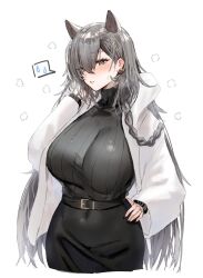 Rule 34 | 1girl, animal ears, arknights, black nails, black skirt, black sweater, blush, braid, breasts, brown eyes, commentary request, covered navel, earrings, extra ears, fingernails, grey hair, hand on own hip, hand up, high-waist skirt, highres, horn/wood, jacket, jewelry, large breasts, long sleeves, looking ahead, nail polish, official alternate costume, open clothes, open jacket, parted bangs, penance (arknights), penance (occasionally flushed) (arknights), ribbed sweater, short hair, simple background, single braid, skirt, solo, spoken sweatdrop, sweat, sweatdrop, sweater, tail, turtleneck, turtleneck sweater, white background, white jacket, wolf tail