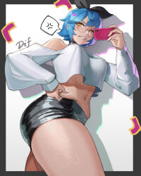 Rule 34 | 1girl, anger vein, ass, belly grab, bespectacled, black-framed eyewear, black shorts, blue hair, borrowed character, breasts, brown eyes, cellphone, clenched teeth, cropped shirt, dif (difman), glasses, highres, large breasts, long sleeves, looking at viewer, micro shorts, mole, mole under eye, navel, original, parted lips, phone, plump, round eyewear, shirt, short hair, shorts, sin (sintrybest), smartphone, solo, speech bubble, spoken anger vein, teeth, weight conscious, white shirt
