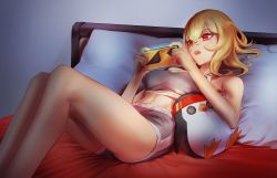Rule 34 | 1girl, abs, absurdres, alternate costume, aragiken, bird, button eyes, buttons, casual, commentary, english commentary, fang, hair between eyes, highres, holding, holding phone, hololive, hololive indonesia, kaela kovalskia, lying, medium hair, midriff, on back, on bed, open mouth, penguin, phone, pillow, red eyes, shadow, short shorts, shorts, skin fang, stuffed animal, stuffed toy, tank top, virtual youtuber