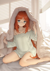 Rule 34 | 1girl, absurdres, alternate costume, bare legs, bare shoulders, barefoot, bed, bed sheet, blue eyes, blue nails, blunt bangs, closed mouth, collarbone, commentary request, feet, full body, genshin impact, highres, indoors, legs, light particles, long hair, long sleeves, looking at viewer, nilou (genshin impact), off-shoulder shirt, off shoulder, on bed, orange hair, shirt, sitting, smile, solo, starsd, toes, under covers, very long hair, yokozuwari