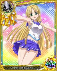 Rule 34 | 10s, 1girl, ahoge, asia argento, bishop (chess), blonde hair, blue skirt, card (medium), character name, cheerleader, chess piece, green eyes, high school dxd, long hair, looking at viewer, navel, official art, open mouth, pleated skirt, skirt, solo, trading card