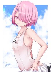 Rule 34 | 1girl, absurdres, bare arms, border, breasts, closed mouth, commentary, expressionless, eyelashes, from side, hair ornament, hair over one eye, highres, light blush, looking at viewer, one-piece swimsuit, one eye covered, pink hair, ram (re:zero), re:zero kara hajimeru isekai seikatsu, red eyes, school swimsuit, short hair, signature, simple background, small breasts, solo, swimsuit, undressing, v-neck, v-shaped eyebrows, white border, white one-piece swimsuit, x hair ornament, yanagiba sakana