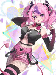 Rule 34 | 1girl, ahoge, bell, black choker, black gloves, black tube top, blush, bow, breasts, chimanakoneko, choker, cleavage, commentary, demon girl, demon horns, demon tail, elbow gloves, facial tattoo, fingerless gloves, fishnet pantyhose, fishnets, gloves, hair ornament, hairpin, heart, heart ahoge, heart hair ornament, highres, horns, ironmouse, ironmouse (pink rock), jingle bell, large breasts, long hair, looking at viewer, multicolored hair, pantyhose, pink bow, pink hair, pink shorts, purple hair, short shorts, shorts, skull ornament, star tattoo, strapless, streaked hair, symbol-only commentary, tail, tattoo, tongue, tongue out, tube top, twintails, virtual youtuber, vshojo