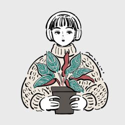 Rule 34 | 1girl, bad source, closed mouth, cropped torso, flat color, flower pot, grey background, headphones, high collar, highres, holding, holding flower pot, knit sweater, long sleeves, looking at viewer, muchi (muchiiiko), original, partially colored, plant, potted plant, short hair, signature, simple background, solo, straight-on, upper body