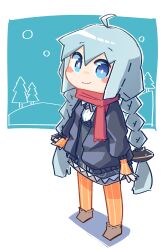 Rule 34 | 1girl, absurdres, ahoge, arms at sides, black dress, black jacket, blue background, blue eyes, blue hair, blush stickers, braid, brown footwear, chibi, closed mouth, cross tie, dress, fingerless gloves, full body, gloves, highres, jacket, kizuna akari, konohoshi, long hair, long sleeves, looking at viewer, low twin braids, open clothes, open jacket, orange gloves, orange pantyhose, pantyhose, pine tree, red scarf, ribbed shirt, scarf, shirt, shoes, short dress, smile, snowing, solo, standing, tree, twin braids, two-tone background, very long hair, vocaloid, voiceroid, white background, white shirt
