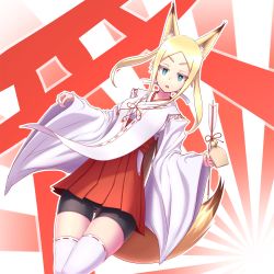 Rule 34 | 1girl, actinium89, animal ears, arrow (projectile), bike shorts, black shorts, blonde hair, blue eyes, breasts, collarbone, colored eyelashes, dutch angle, ema, fox ears, fox tail, gluteal fold, hakama, hakama skirt, hamaya, highres, japanese clothes, kimono, long hair, long sleeves, looking at viewer, medium breasts, miko, original, parted bangs, parted lips, red skirt, ribbon-trimmed sleeves, ribbon trim, shorts, skirt, solo, tail, thigh gap, thighhighs, torii, white thighhighs, wide sleeves