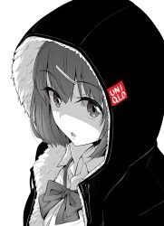 Rule 34 | 1girl, 40hara, fur trim, greyscale, hair ornament, hairclip, hood, looking at viewer, monochrome, open mouth, original, school uniform, short hair, simple background, solo, spot color, uniqlo, white background