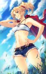 Rule 34 | 1girl, arm up, bandeau, belt, blonde hair, blue sky, breasts, cloud, cloudy sky, cowboy shot, cutoffs, day, denim, denim shorts, dutch angle, fate/apocrypha, fate (series), glint, gluteal fold, green eyes, grin, hair ornament, hair scrunchie, hand on own hip, highres, jewelry, makimura shunsuke, midriff, mordred (fate), mordred (fate/apocrypha), mordred (memories at trifas) (fate), navel, necklace, outdoors, parted bangs, ponytail, scrunchie, short shorts, shorts, sky, small breasts, smile, solo, strapless, tube top