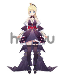 Rule 34 | 1girl, absurdres, anklet, bare shoulders, black bow, black footwear, blonde hair, blue eyes, bow, breasts, bridal garter, cleavage, copyright name, crown, detached sleeves, dress, expressionless, facial mark, frilled dress, frills, full body, garter straps, hair bow, heart, heart facial mark, highres, houou project, jewelry, lace, lace-trimmed thighhighs, layered dress, logo, long hair, looking at viewer, medium breasts, mini crown, official art, ponytail, purple dress, purple sleeves, purple thighhighs, short dress, sideboob, sleeveless, sleeveless dress, solo, standing, tachi-e, thighhighs, tilted headwear, very long hair, virtual youtuber, wei weizhao, white background