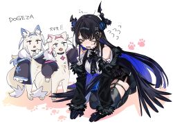 Rule 34 | &gt; &lt;, absurdres, animal collar, animal ears, black hair, black jacket, black thighhighs, blue eyes, bluee hair, blush, collar, colored inner hair, crying, dog ears, dog tail, dogeza, fang, fuwawa abyssgard, fuwawa abyssgard (1st costume), fuwawa abyssgard (dog), highres, hololive, hololive english, jacket, long hair, mococo abyssgard, mococo abyssgard (1st costume), mococo abyssgard (dog), multicolored hair, nerissa ravencroft, nerissa ravencroft (1st costume), open mouth, pink eyes, tail, thighhighs, translation request, virtual youtuber, yomosaka