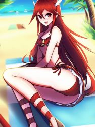 Rule 34 | 1girl, ass, beach, beach towel, bikini, breasts, cordelia (fire emblem), cordelia (summer) (fire emblem), corrupted metadata, day, feather hair ornament, female focus, fire emblem, fire emblem awakening, fire emblem heroes, hair between eyes, hair ornament, long hair, lying, midriff, nintendo, ocean, on side, open mouth, outdoors, palm tree, phiphi-au-thon, plant, red bikini, red eyes, red hair, ribbon, sitting, small breasts, smile, solo, solo focus, straight hair, swimsuit, thighs, towel, tree, twitter username