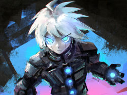 Rule 34 | 1boy, ahoge, android, armor, artist name, black background, blue background, buttons, closed mouth, colored skin, commentary, danganronpa (series), danganronpa v3: killing harmony, glowing, glowing eyes, grey hair, grey skin, k1-b0, looking at viewer, pink background, power armor, qosic, short hair, sketch, solo