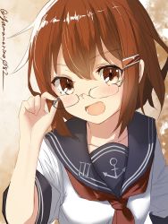 Rule 34 | 1girl, absurdres, anchor symbol, bespectacled, black sailor collar, brown eyes, brown hair, commentary request, glasses, hair ornament, hairclip, highres, ikazuchi (kancolle), kantai collection, neckerchief, one-hour drawing challenge, open mouth, red neckerchief, sailor collar, school uniform, serafuku, short hair, smile, solo, upper body, yamamori oyatsu
