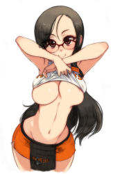 Rule 34 | 1girl, areola slip, bad id, bad pixiv id, bare shoulders, black hair, blush, breasts, brown eyes, bursting breasts, clothes lift, clothes writing, curvy, employee uniform, glasses, groin, hooters, kusanagi tonbo, large breasts, lifted by self, long hair, looking at viewer, narrow waist, navel, no bra, no legwear, original, revision, shirt lift, smile, solo, standing, underboob, uniform, white background, wide hips