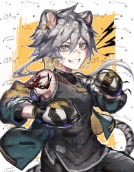 Rule 34 | 1girl, :d, animal ears, arknights, black pants, black shirt, boxing gloves, chain, clenched teeth, cowboy shot, d-l-x, ear piercing, gold chain, green jacket, grey hair, grin, hair between eyes, highres, indra (arknights), jacket, looking at viewer, multicolored hair, off shoulder, open clothes, open jacket, open mouth, pants, piercing, scar, scar on face, scar on nose, shirt, short hair with long locks, shrimp, sleeveless, sleeveless shirt, smile, solo, streaked hair, tail, teeth, tiger ears, tiger tail, watermark, yellow eyes