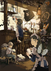 Rule 34 | 1girl, 2boys, animal, apron, baguette, bar (place), bar stool, basket, bear, black hair, blonde hair, book, bottle, bread, brick wall, butterfly wings, chair, chef, clothed animal, counter, cup, eating, emily&#039;s privacy party, fairy wings, fantasy, food, from behind, fruit, fur, glasses, grapes, grass, hooves, insect wings, jacket, kinono, lamp, light bulb, long hair, long sleeves, looking at viewer, looking back, maid, maid apron, maid headdress, monster boy, multiple boys, notepad, open book, original, pants, peeling, pitcher (container), pointy ears, pot, potato, reading, sack, satyr, sitting, sleeves pushed up, stool, suspenders, table, tail, teapot, tree, vest, wheel, white background, white jacket, wings