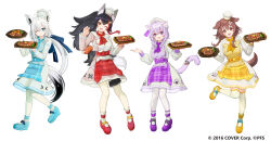 4girls :3 :d ;) ;d absurdres ahoge animal_ears apron aqua_apron aqua_eyes aqua_footwear aqua_neckerchief black_hair bone_hair_ornament braid brown_hair cat_ears cat_girl cat_tail chef chef_hat copyright_notice dog_ears dog_girl dog_tail dress food fox_ears fox_girl fox_tail guest_art hair_ornament hair_ribbon hat highres holding holding_tray hololive hololive_gamers inugami_korone kawai_makoto lineup low_ponytail mary_janes mini_chef_hat multiple_girls neckerchief nekomata_okayu one_eye_closed ookami_mio open_mouth orange_neckerchief plate ponytail promotional_art purple_eyes purple_footwear purple_hair purple_neckerchief red_apron red_eyes red_footwear red_neckerchief ribbon ribbon-trimmed_headwear ribbon-trimmed_sleeves ribbon_trim shirakami_fubuki shoes simple_background smile steak tail toque_blanche tray twin_braids virtual_youtuber waitress white_background white_hair wolf_ears wolf_girl wolf_tail yellow_apron yellow_footwear